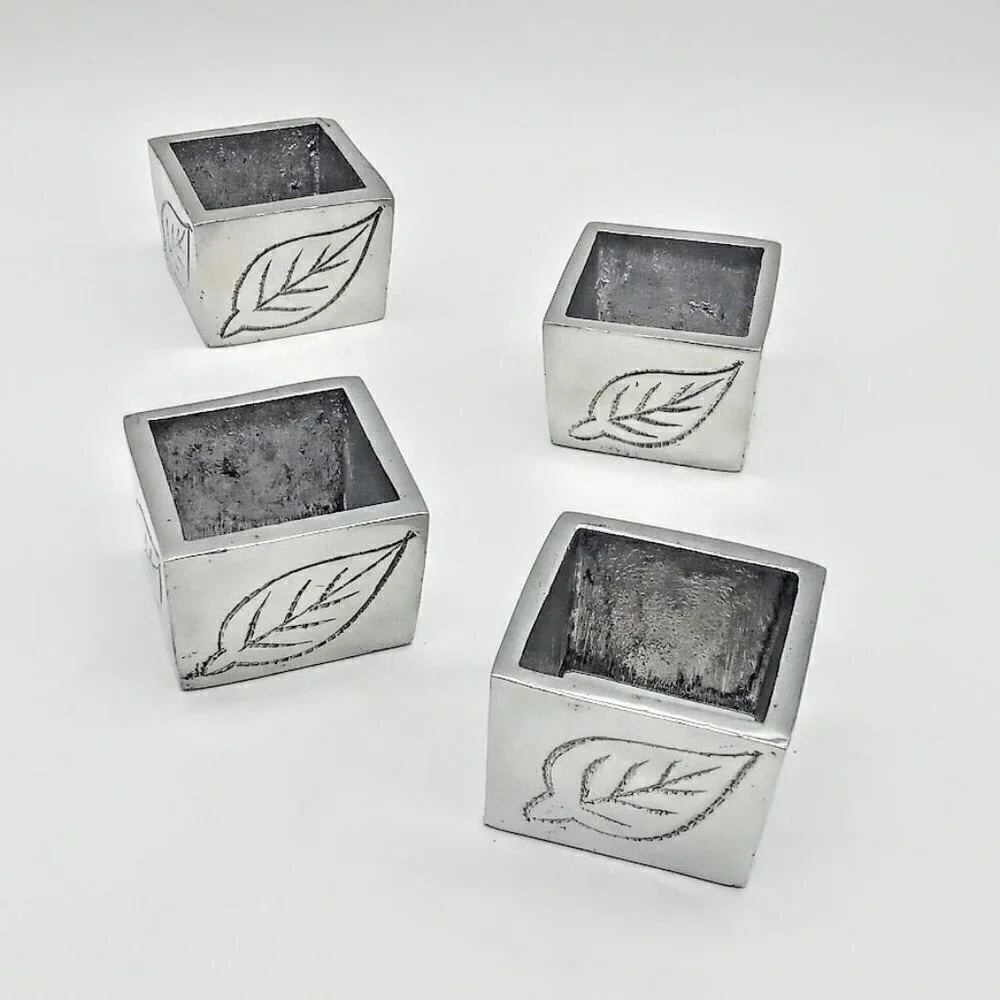 Pier 1 Silver Pewter Etched Leaves Square Napkin Rings